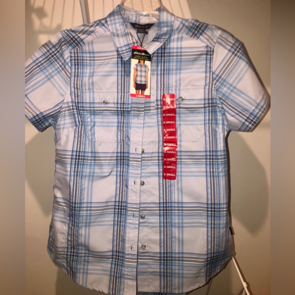 Eddie Bauer Light Blue Plaid Adventure Casual Shirt NWT XS